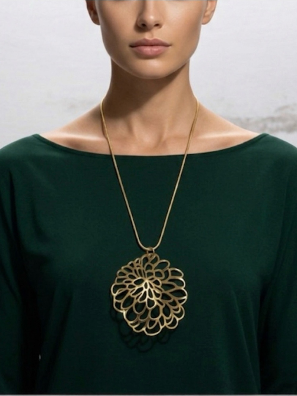 Gold Tone Filigree Flower Medallion Long Pendant Necklace-Boho Statement